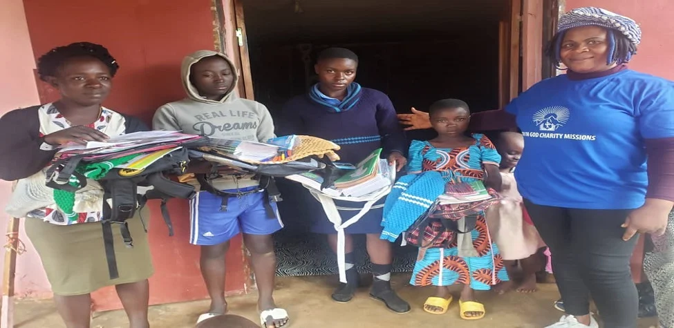 Students receiving school supplies