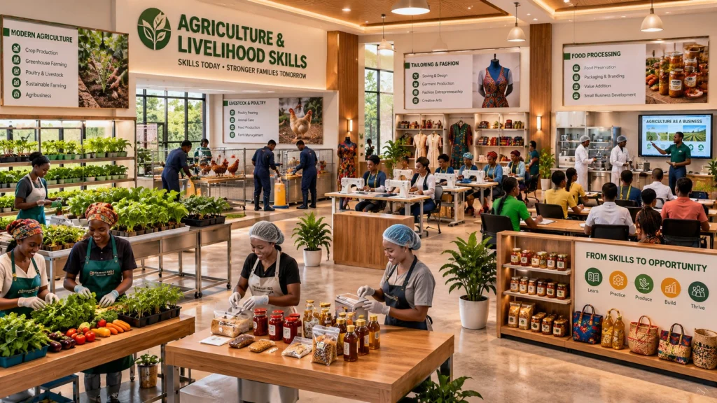 Artist's impression of the planned agriculture and livelihood skills area at the FIGCM Multipurpose Center, with produce being sorted and packed for sale.