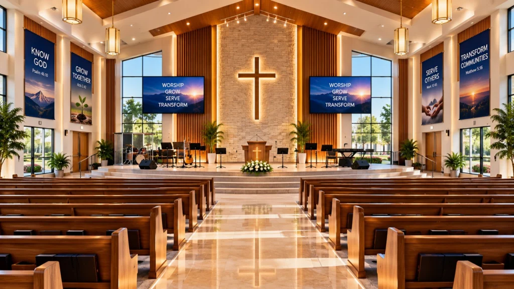 Artist's impression of the planned chapel at the FIGCM Multipurpose Center, looking down the aisle towards the cross.