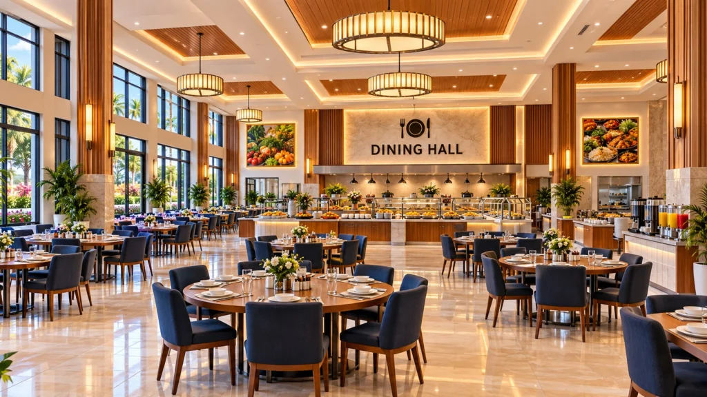 Artist's impression of the planned dining hall at the FIGCM Multipurpose Center, with tables laid out and a serving counter along one side.