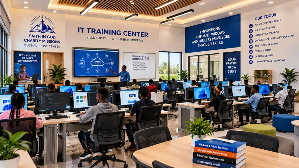 Artist's impression of the planned IT training room at the FIGCM Multipurpose Center, with students working at rows of computers.