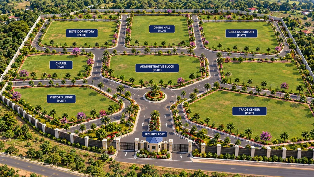 Artist's impression of the FIGCM Multipurpose Center site from above, with the plots marked out for the boys and girls dormitories, dining hall, chapel, administrative block, visitor's lodge, trade center and security post.