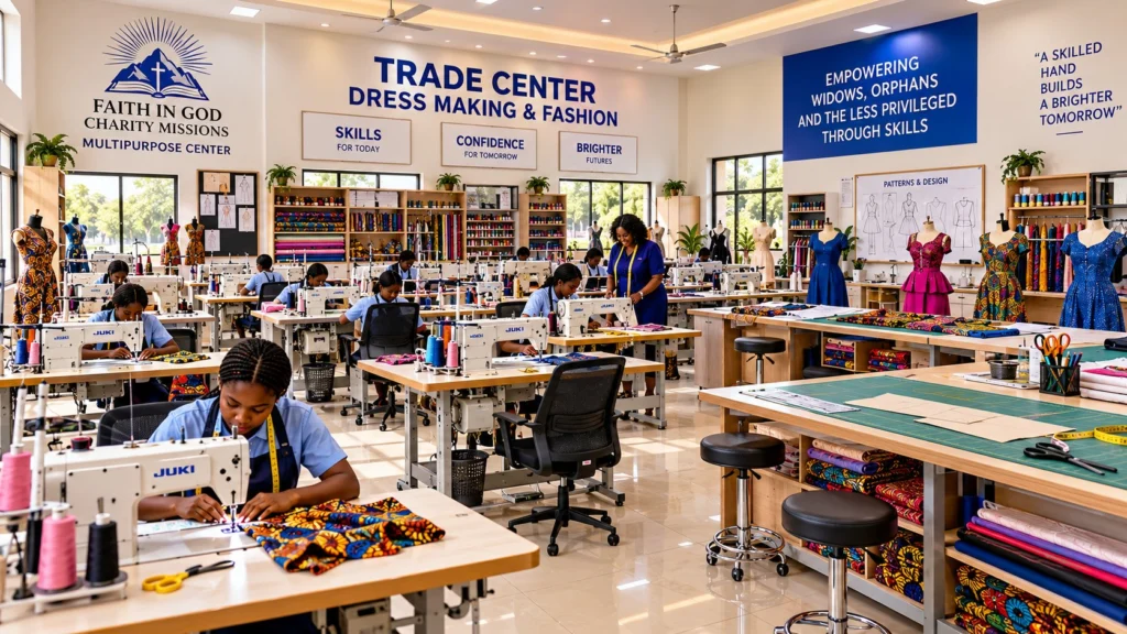 Artist's impression of the planned trade center at the FIGCM Multipurpose Center, with students at sewing machines in a dressmaking and fashion workshop.